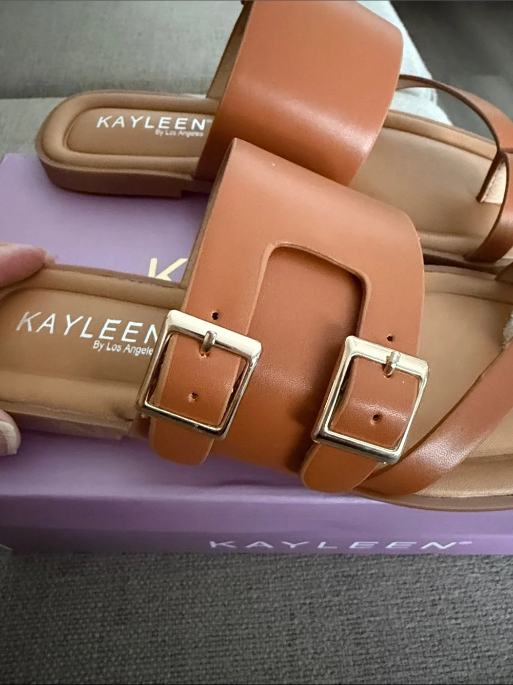 Jayleen Tan Leather Slide Sandals with Buckle Detail